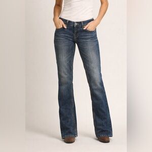 Rock & Roll Cowgirl Dark Blue Bootcut Jeans with Gold Sequin Trim